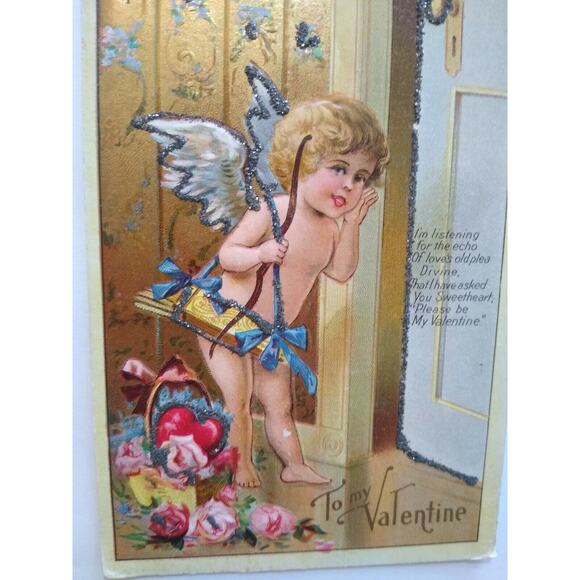 Valentines Day Postcard Cupid Angel Series No 1 Embossed Glitter Echo Of Love - Picture 3 of 8